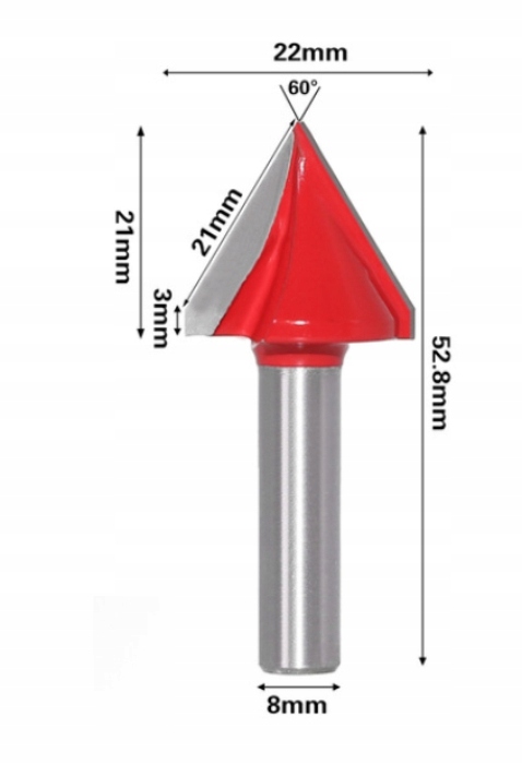 Frez stożkowy kątowy V-BIT 60stopni uchwyt 8mm średnica robocza 22mm vbit
