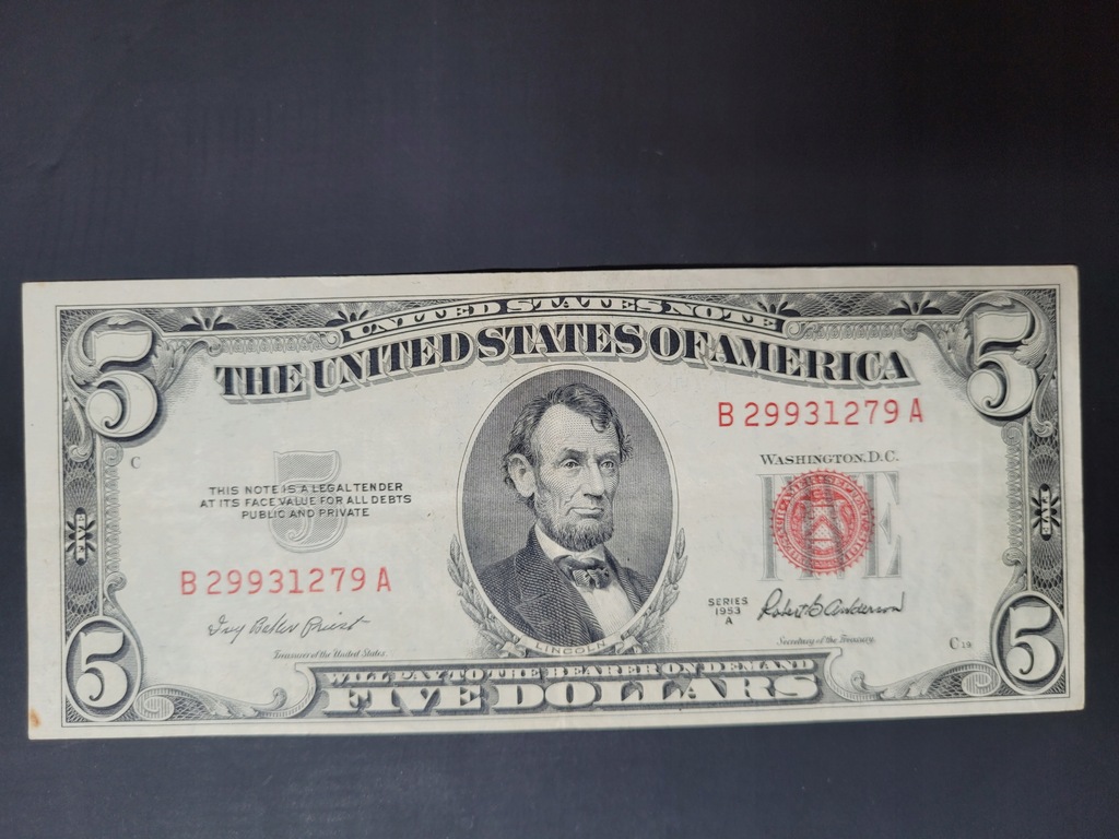 5 dolarów USA 1953 A red seal POLECAM