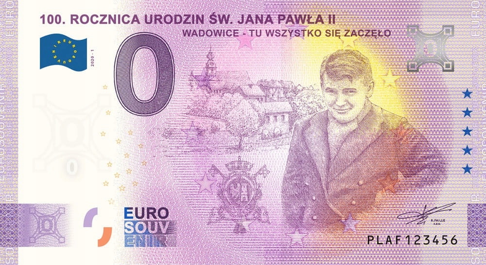 banknot 0 euro Jan Paweł II Wadowice 2020'