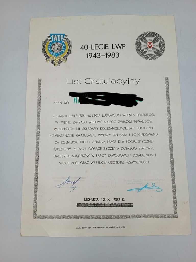 DYPLOM LIST GRATULACYJNY 40-LECIE LUDOWEGO WOJSKA POLSKIEGO