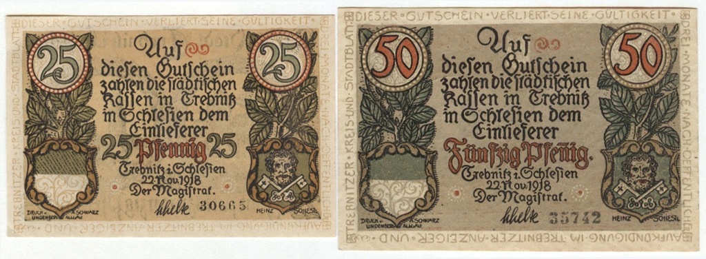 Notgeld - TREBNITZ - Schlesien - TRZEBNICA - 25 + 50 Pfennig - 1918