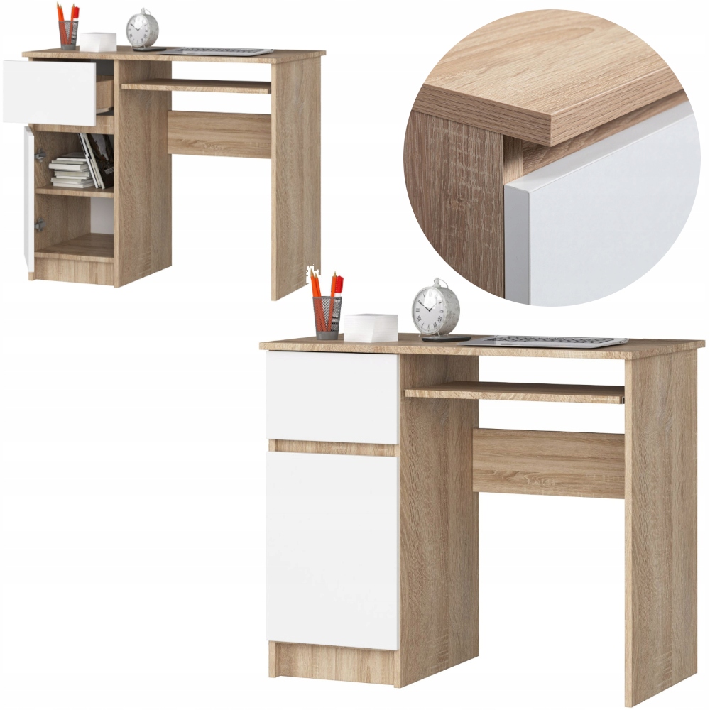 BIURKO KOMPUTEROWE BIUROWE DĄB SONOMA BIAŁE SZUFLADY 90 NOWOCZESNE A6 LEWE