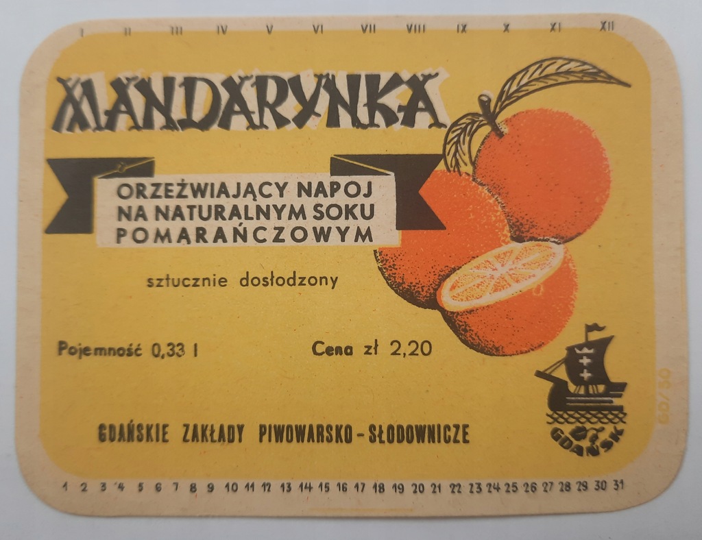 Etykieta napój Mandarynka Gdańskie Zakł. Piwow.