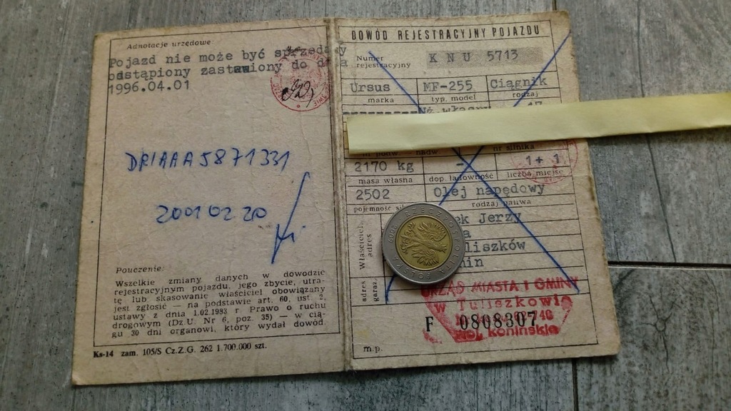 Dowód rejestr.ciągnik Ursus MF-255/1988r.