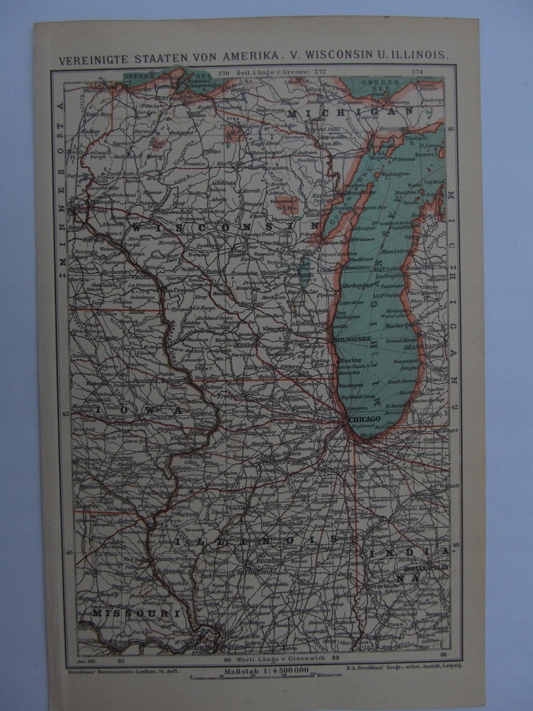 USA STANY ZJEDNOCZONE WISCONSIN ILLINOIS mapa 1911