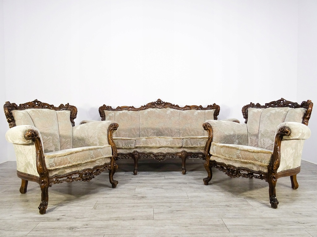 STYLOWY KOMPLET mebli do SALONU Meble BEŻOWE PLUSZ SOFA + 2 FOTELE lata 70.