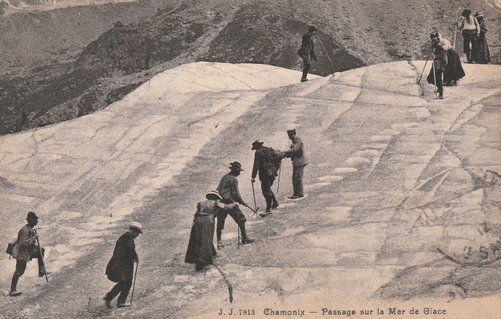 727.Francja Chamonix Turyści w drodze na Lodowiec , z obiegu 1912.rok