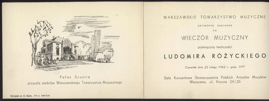 Warszawa - Pałac Szustra. zaproszenie 1962