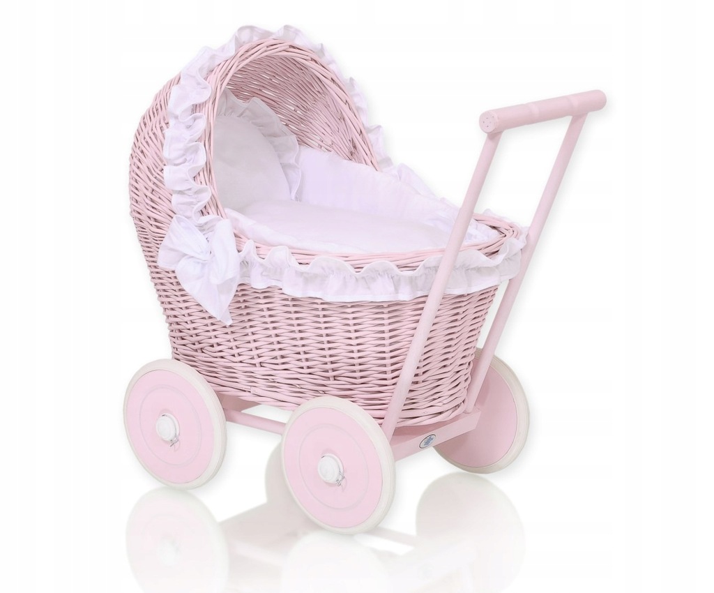 Wiklinowy wózek dla lalek pchacz różowy z białą pościelką i miękką wyściółk