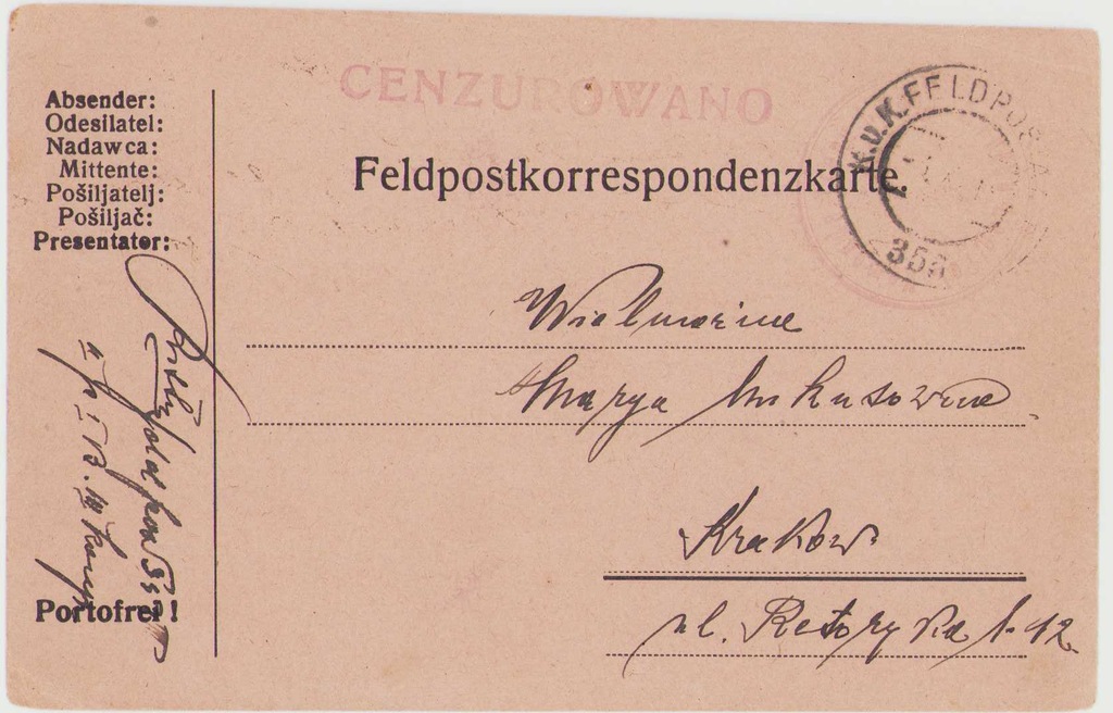 1915 Feldpost- Kraków Retoryka cenzura j. polski