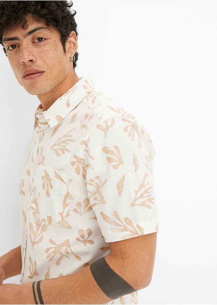 KOSZULA Z KRÓTKIM RĘKAWEM Z LNEM KREMOWA 1C4B26 Bonprix 45/46