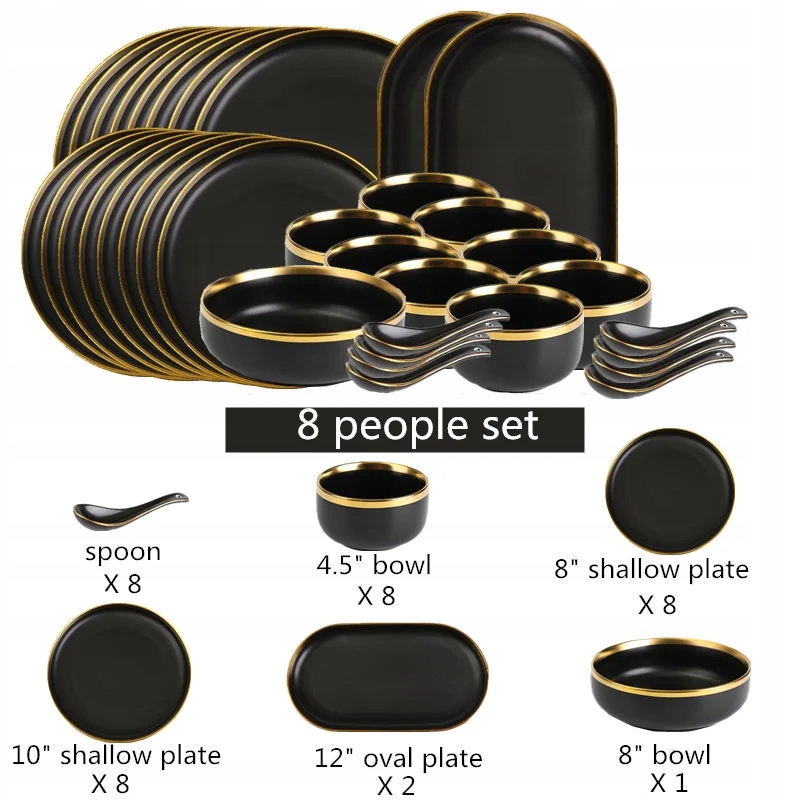 Pozłacana czarna porcelana zestaw talerzy obiadowy