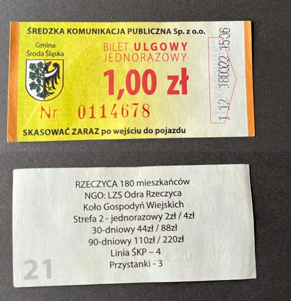 Bilet autobus, komunikacja miejska Środa Śląska odwrotka 1