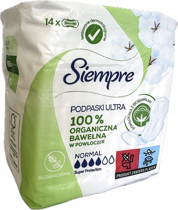 Siempre Podpaski Ultra Normal bezzapachowe Organiczna bawełna 14 sztuk