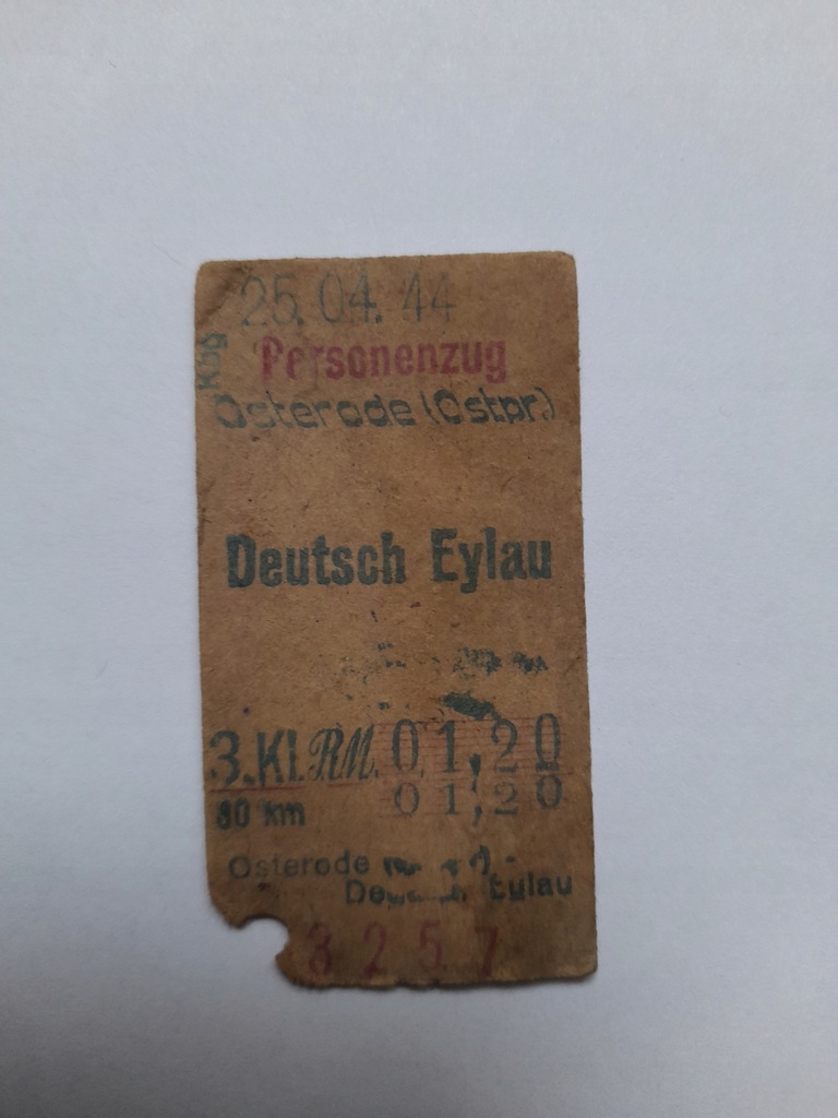 bilet personenzug Osterode Ostpr. Ostróda - Dt. Eylau Iława 1944