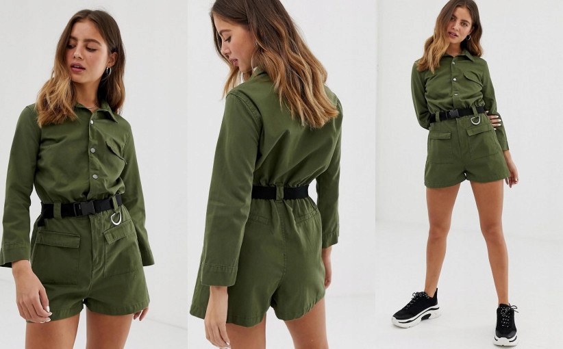 22W018 BERSHKA__XCP KHAKI KOMBINEZON Z PASKIEM__M