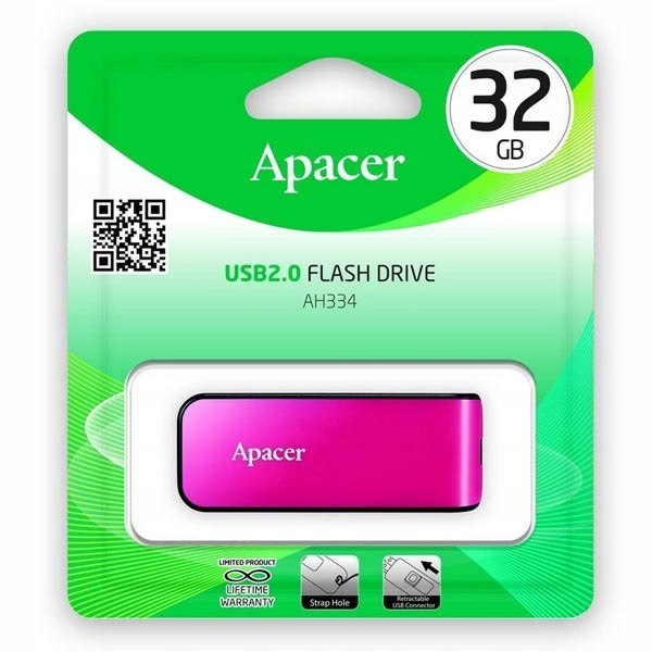 Apacer USB flash disk, USB 2.0, 32GB, AH334, różowy, AP32GAH334P-1, USB A,
