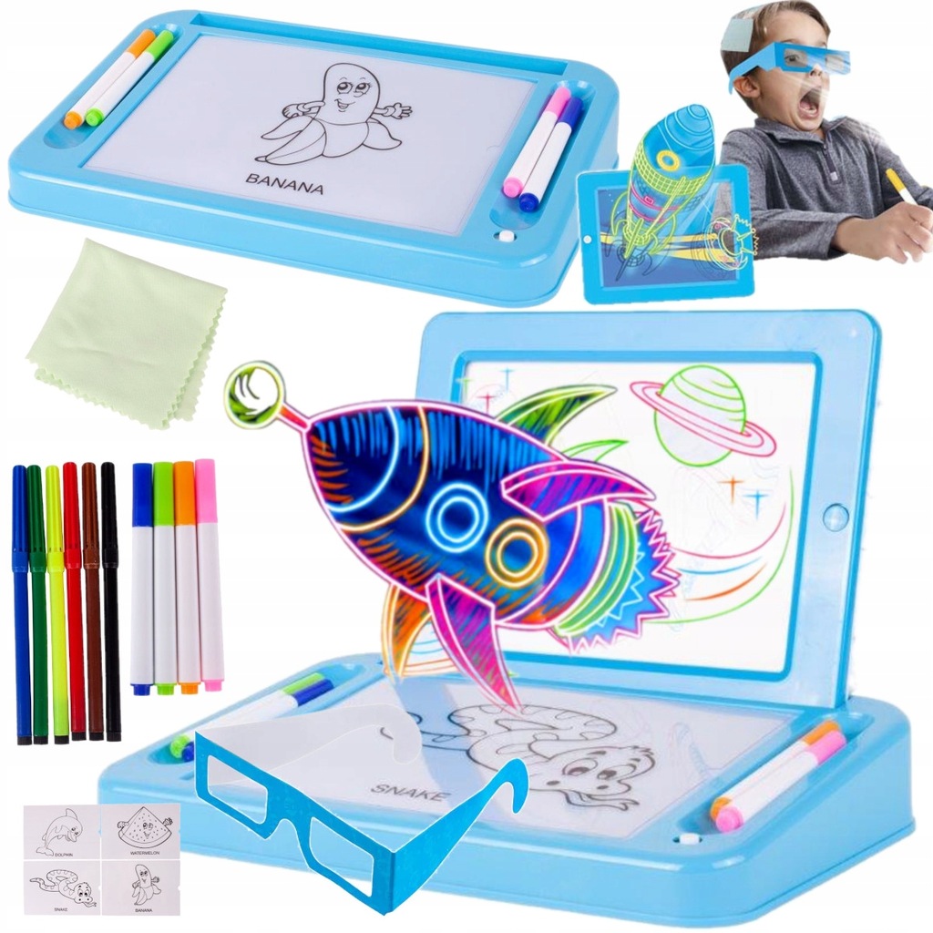 PODŚWIETLANA TABLICA 3D DO MALOWANIA DLA DZIECI ZESTAW 2W1 + SUCHOŚCIERALNA