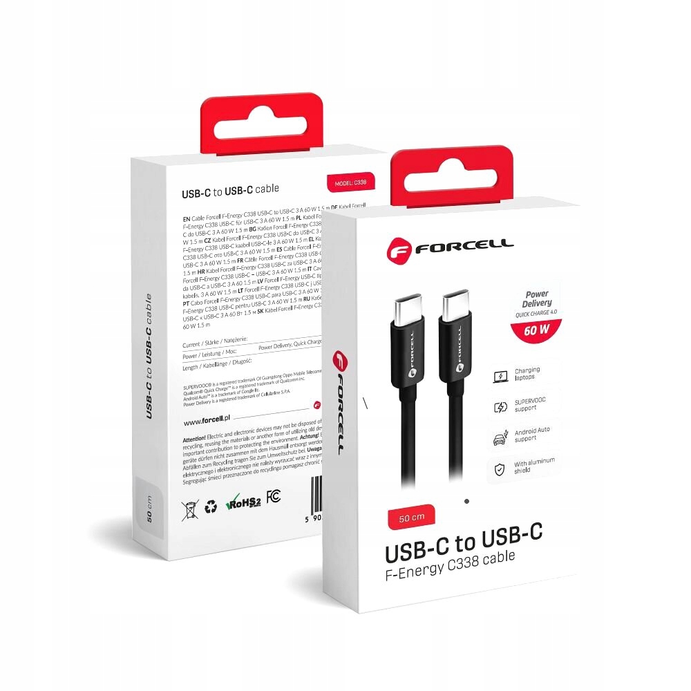 Forcell | Szybki Kabel USB-C PD QC 4.0 | 60W | Android Auto | Czarny | 50cm
