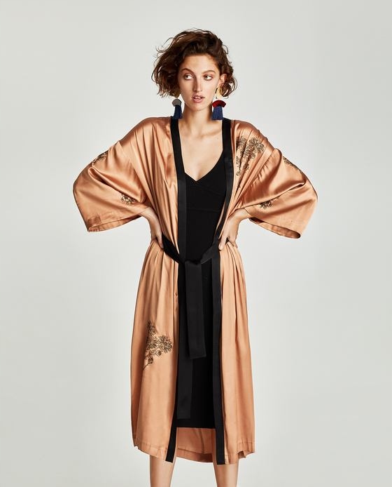 KIMONO ZARA SATYNOWE NUDE HM TREND HAFTOWANE PASEK