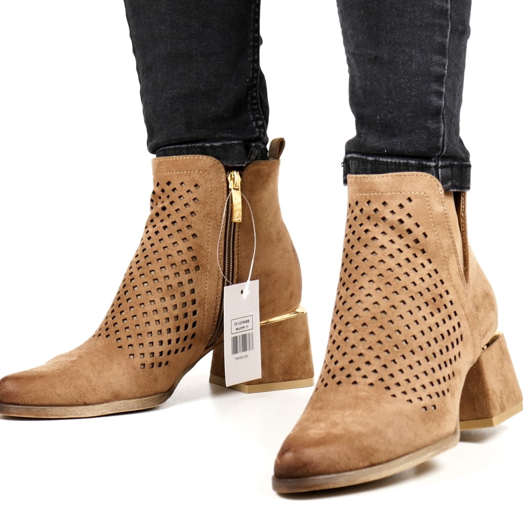 BRĄZOWE BOTKI AŻUROWE POTOCKI KOWBOJKI DAMSKIE ZAMSZOWE MODNE NA ZAMEK AŻUR