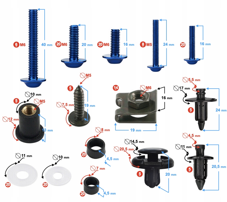 ŚRUBY OWIEWEK UNIWERSALNE ALUMINIOWE NIEBIESKIE