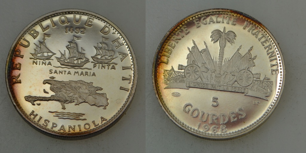 Haiti - srebro - proof - 5 Gourde 1968 rok - rewolucja - rzadka nakład 5750