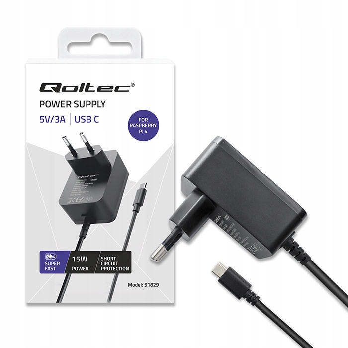 Qoltec Ładowarka Super FAST PD do Raspberry PI 4 | USB-C | 15W | 5V | 3A |