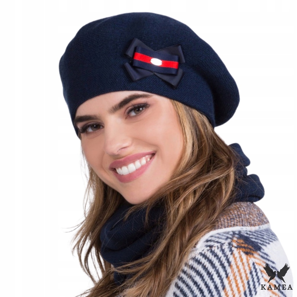 BERET DAMSKI ZIMOWY ELEGANCKI TARA KOLOR GRANATOWY