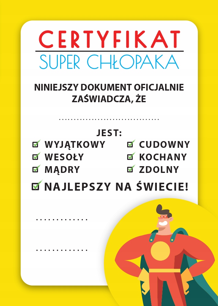 SUPER CHŁOPAK Certyfikat Walentynki A4 UPOMINEK