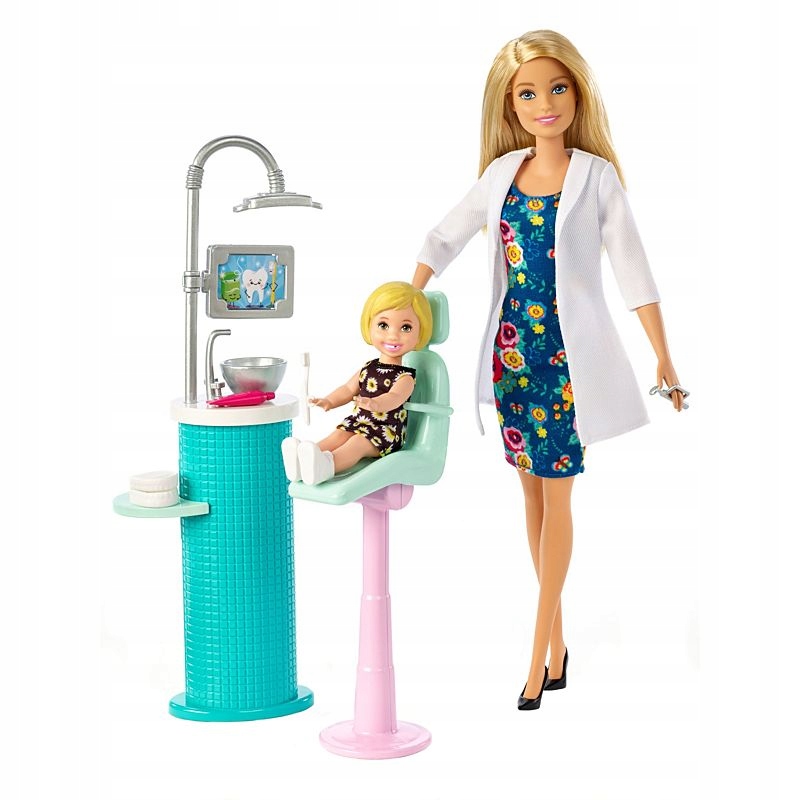 LALKA BARBIE KARIERA ZESTAW DENTYSTKA PACJENTKA WYPOSAŻENIE GABINETU FXP16