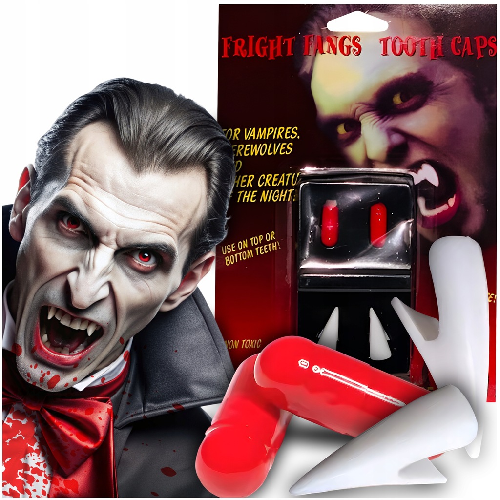SZTUCZNE ZĘBY KŁY STRÓJ WAMPIRA ZESTAW WAMPIR Z SZTUCZNĄ KRWIĄ HALOWEEN