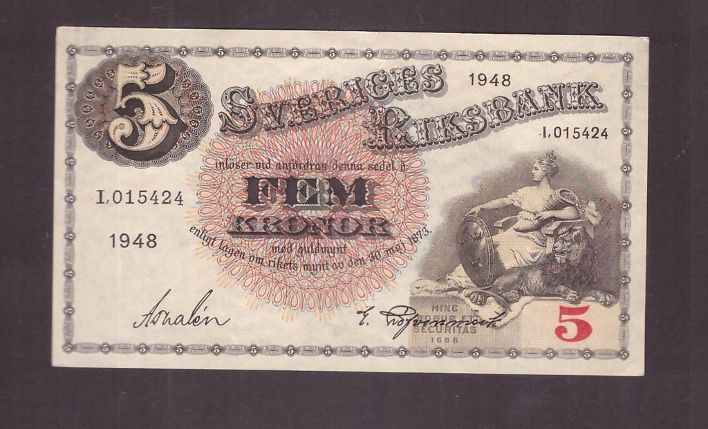 Szwecja - banknot - 5 Koron 1948 rok
