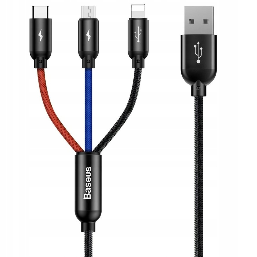 Kabel USB LIGHTNING USB-C microUSB na USB-A BASEUS 3,5A 1,2m 3 końcówki