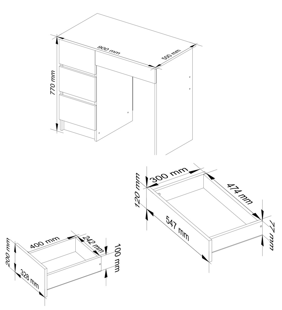 Biurko prostokątny Akord A-7 Lewe 90 x 50 x 77 cm biały