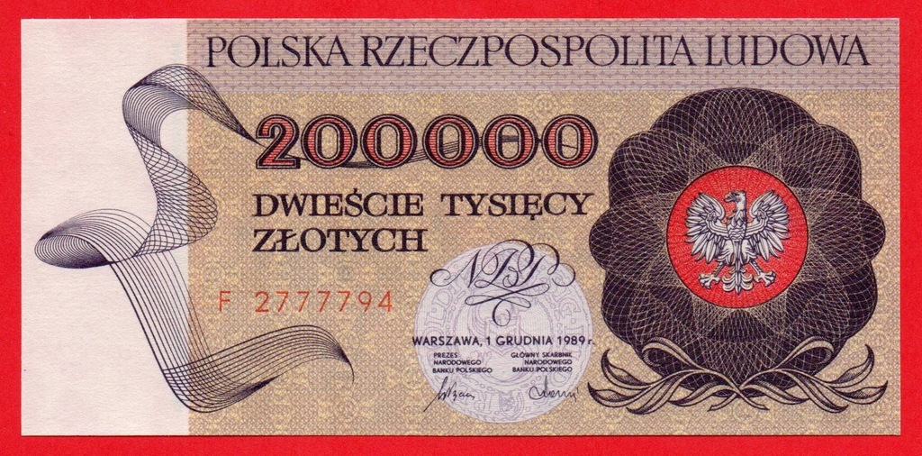 POLSKA RZECZPOSPOLITA LUDOWA 200000 ZŁOTYCH 1989 P-155a UNC seria F