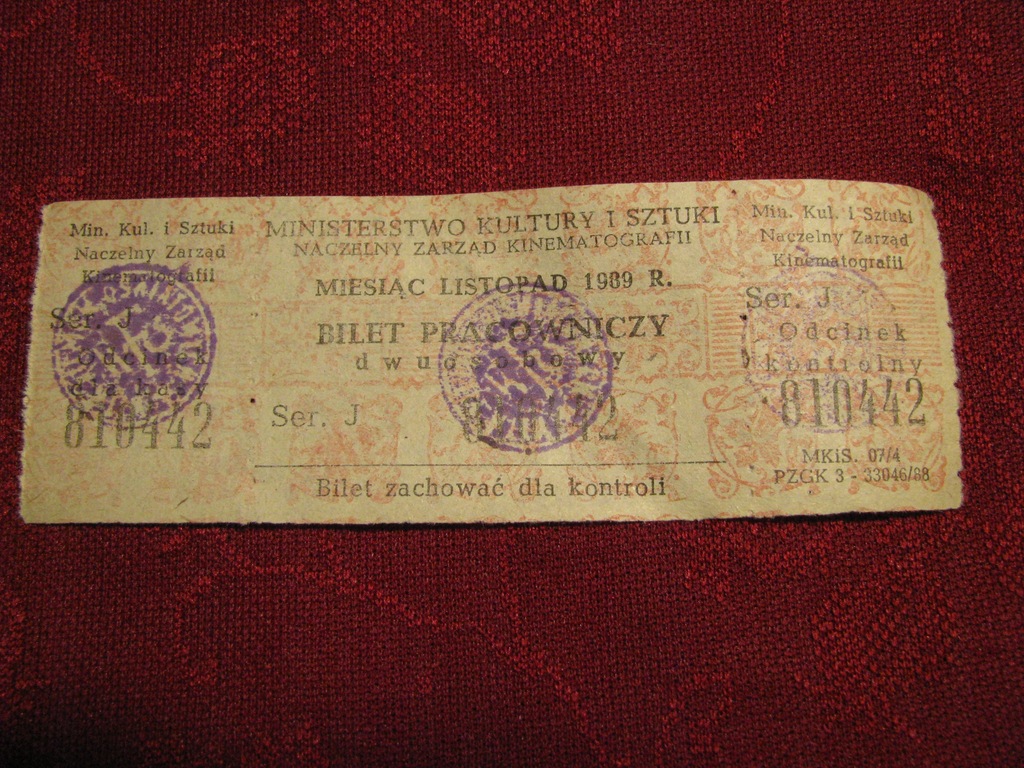 Bilet pracowniczy do kina listopad 1989