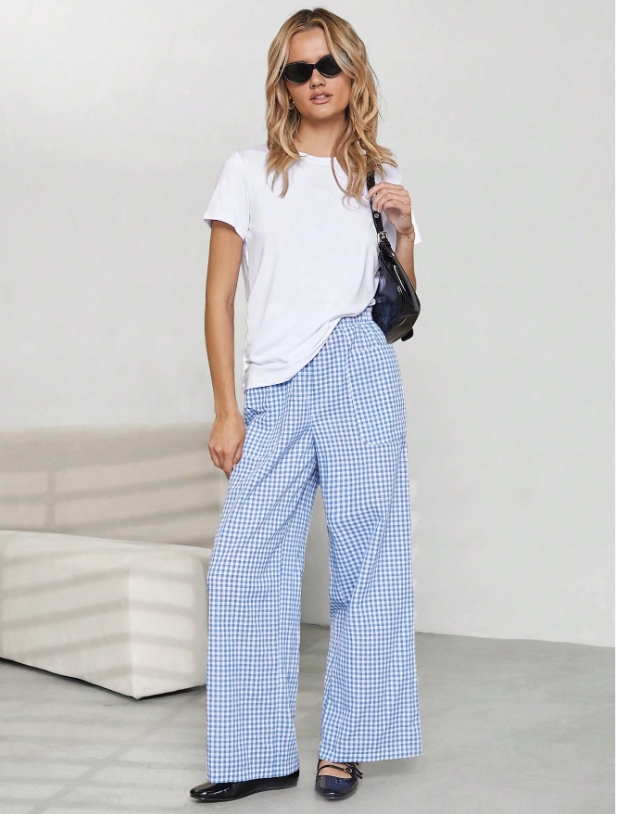 SHEIN SPODNIE DAMSKIE MATERIAŁOWE W KRATKĘ BIAŁO-NIEBIESKIE M 048