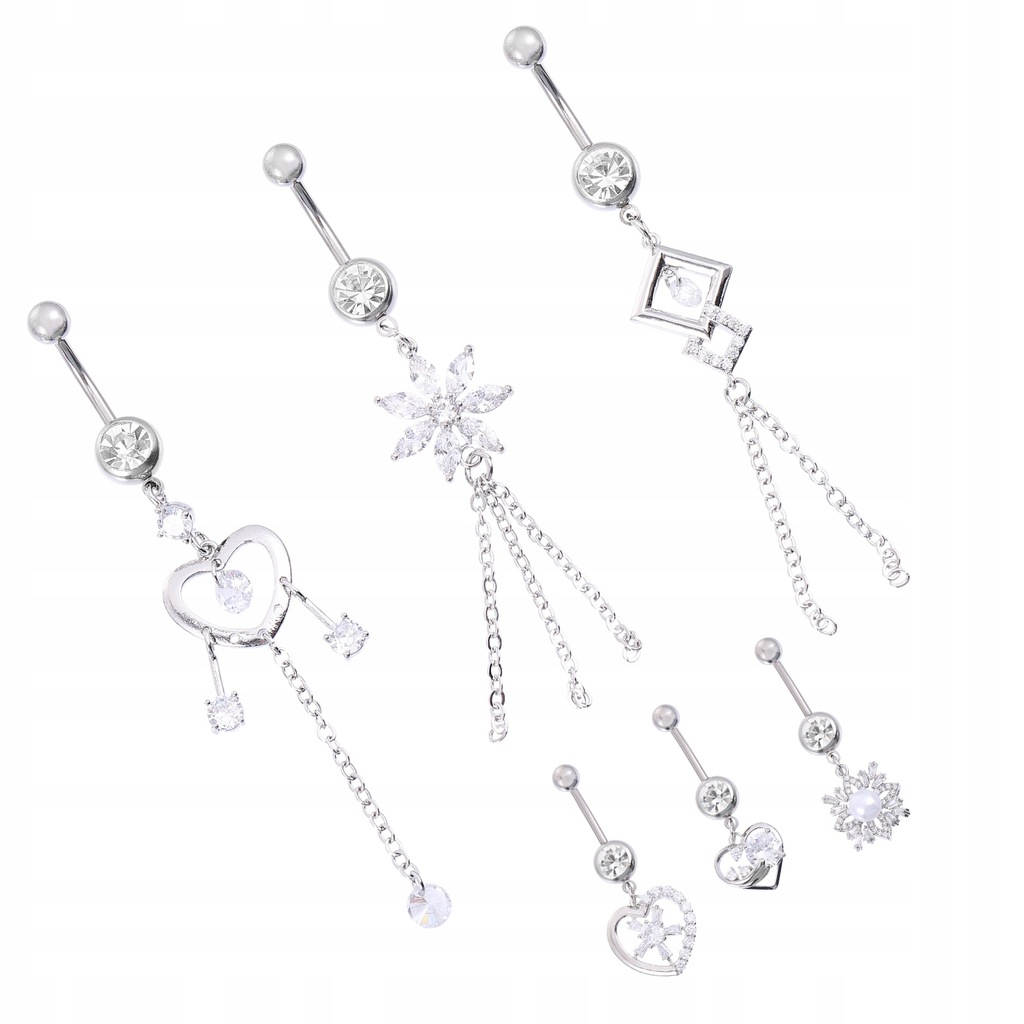 6Pcs Dangle Belly Button Ring With Rhinestone Pier