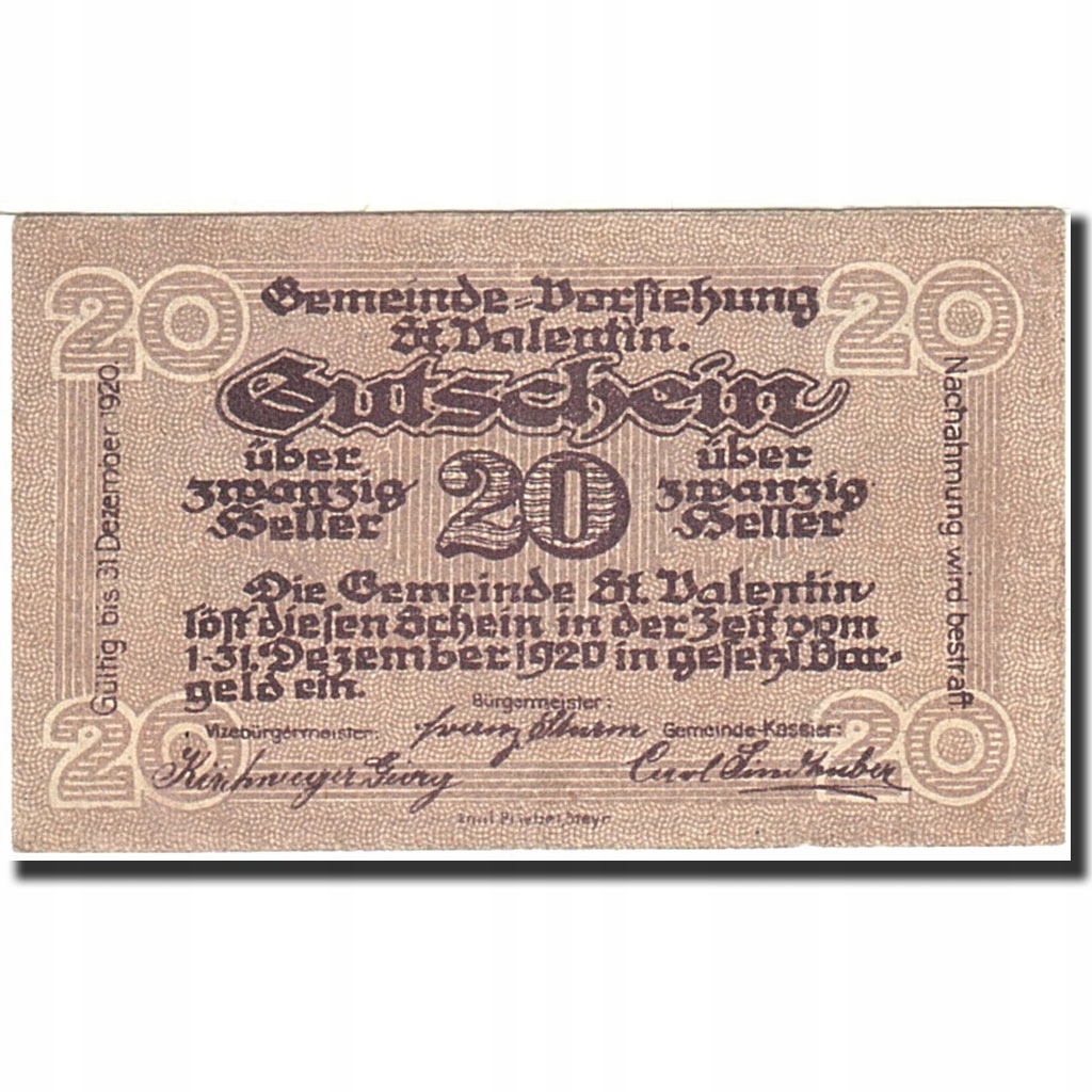 Banknot, Austria, Sankt Valentin, 20 Heller, valeu
