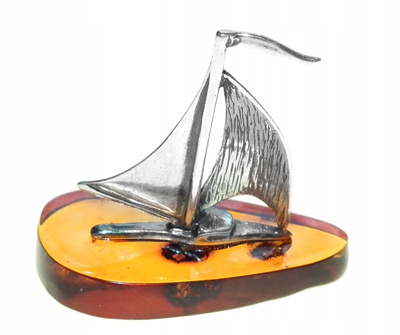 Żaglówka stylowa srebrna nieduża ozdoba z koniakowym bursztynem