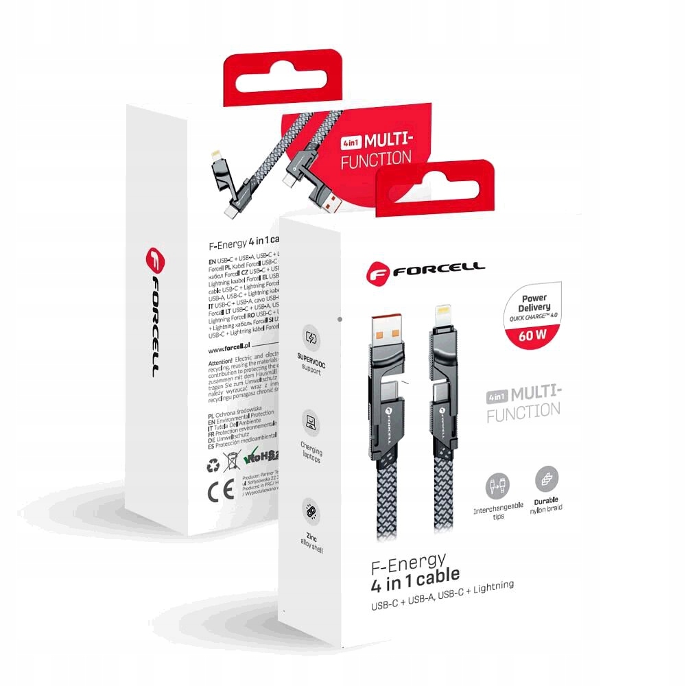 FORCELL 4w1 kabel USB-C / USB A do Typ C / Lightning QC PD 3A 60W 1 m chrom