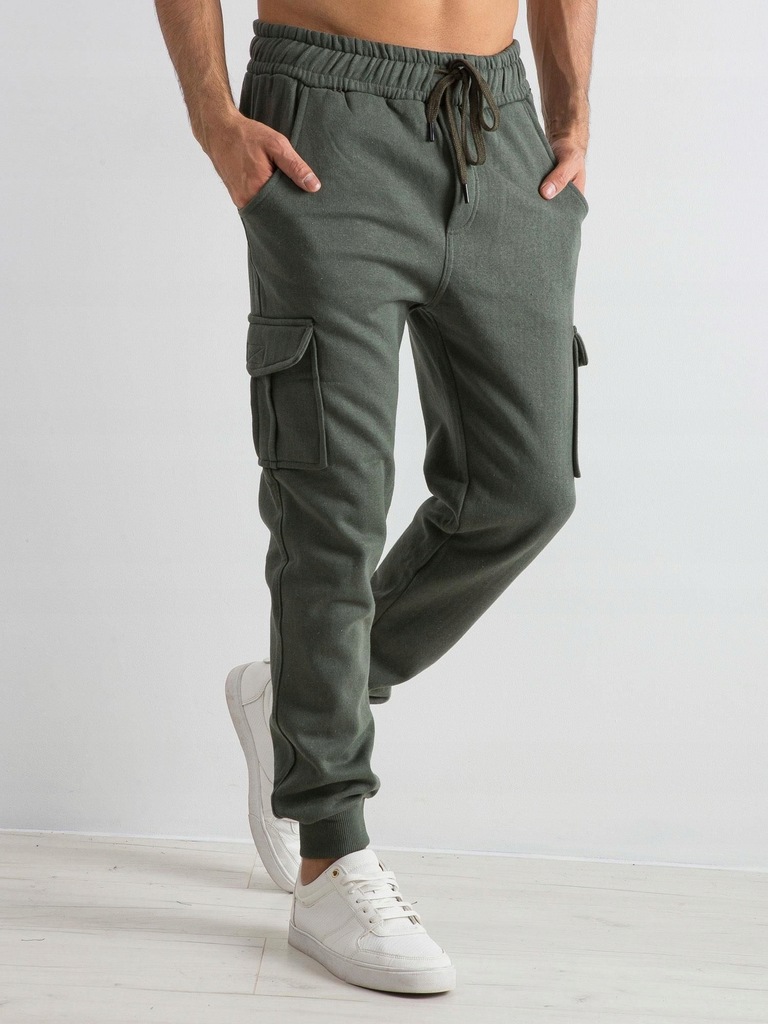 Dresowe spodnie męskie z kieszeniami khaki XL