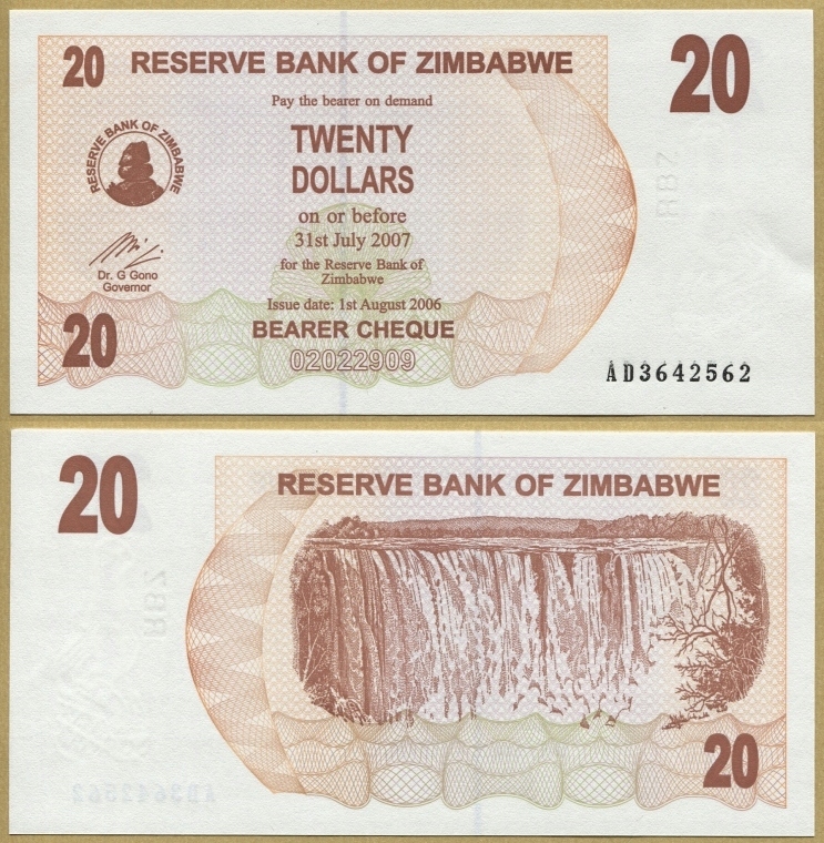 --ZIMBABWE 20 DOLLARS 2007 AD P40 UNC-