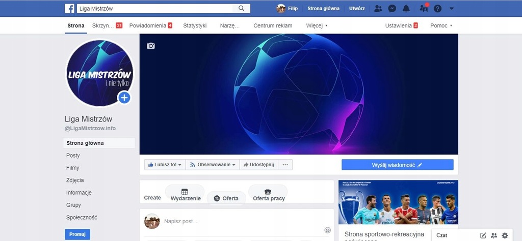 Fanpage facebook Liga Mistrzów prawie 72k like