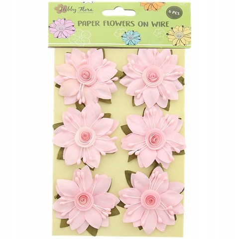 Kwiaty papierowe 6 sztuk różowe z pręcikami