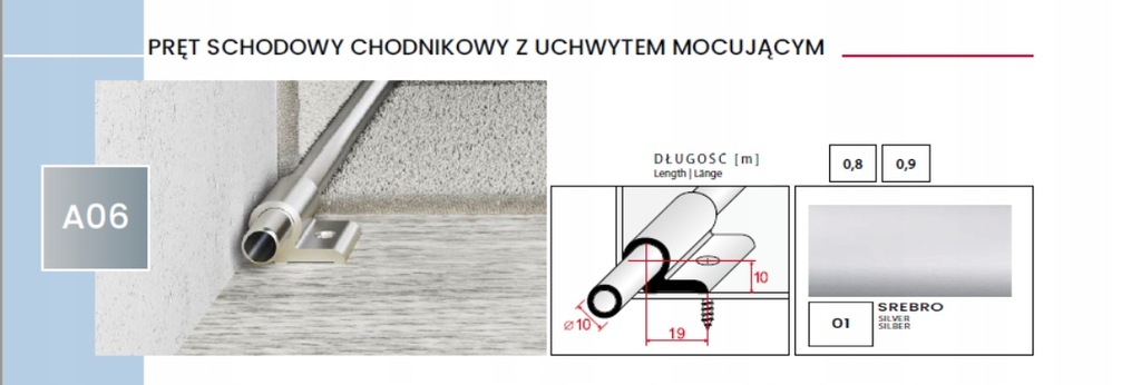 Pręty schodowe + uchwyty 90cm SREBRO A06