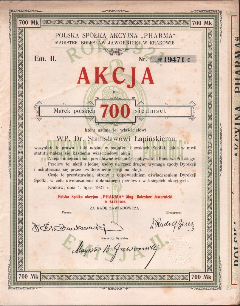 PHARMA - Polska spółka Akcyjna - 700 mkp - 1921
