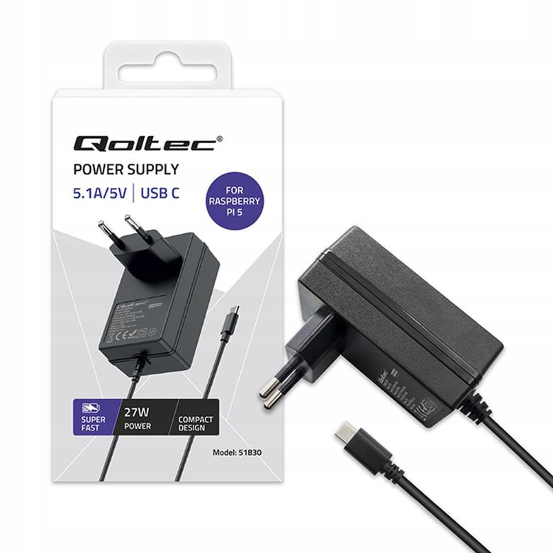 QOLTEC 51830 Ładowarka Super FAST PD do Raspberry PI 5 USB C 27W 5.1V 5A Cz
