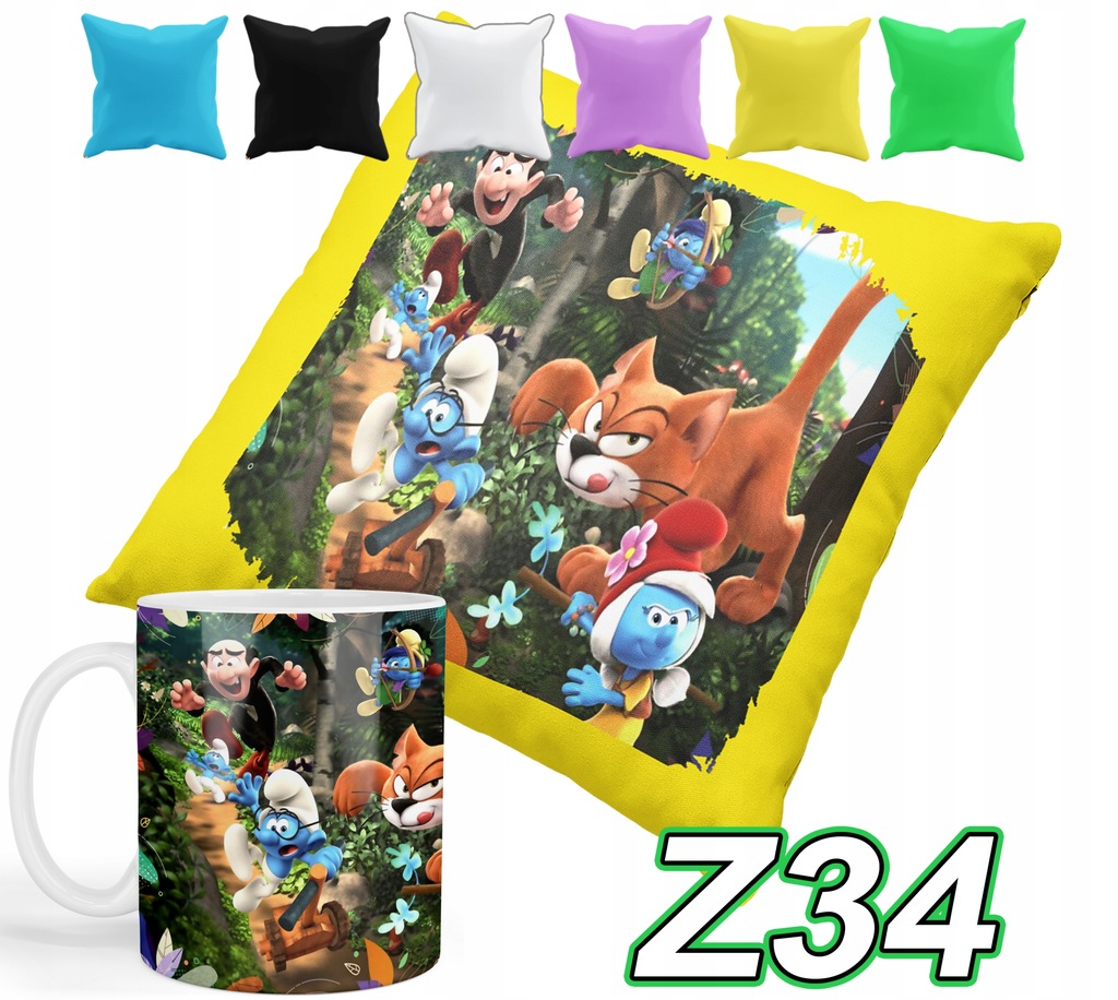 ZESTAW KUBEK +POSZEWKA Z NADRUKIEM PREZENT SMERFY BAJKI+IMIĘ GRATIS